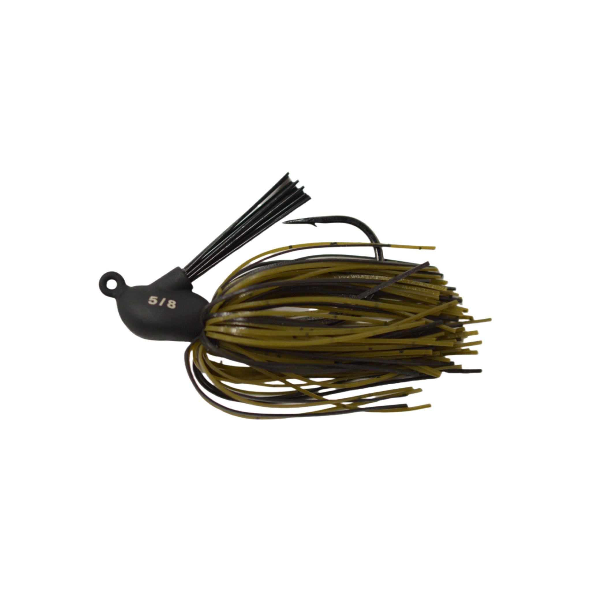 Green Pumpkin Black Tungsten Tank Flipping Jig Fishing lure with a hook on a white background