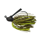 Green Pumpkin Chartreuse Tungsten Tank Flipping Jig Fishing lure with a hook on a white background