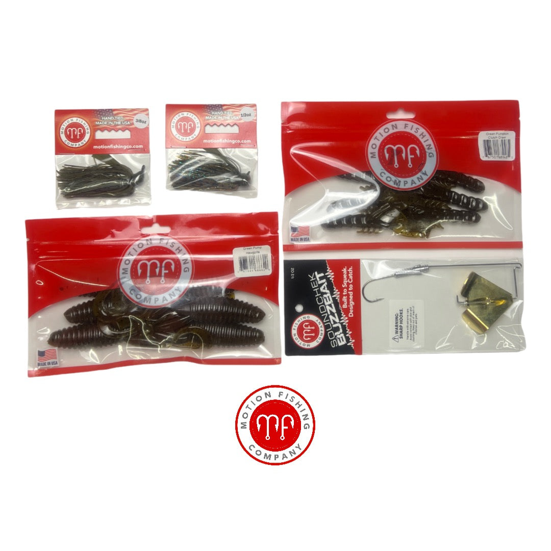 Motion Fishing Father’s Day Jig Bundle — football jig, flipping brush jig, Soundchek buzzbait, Clutch Craw Sr., Hawgzilla creature bait, all packaged in branded Made in USA tackle bags