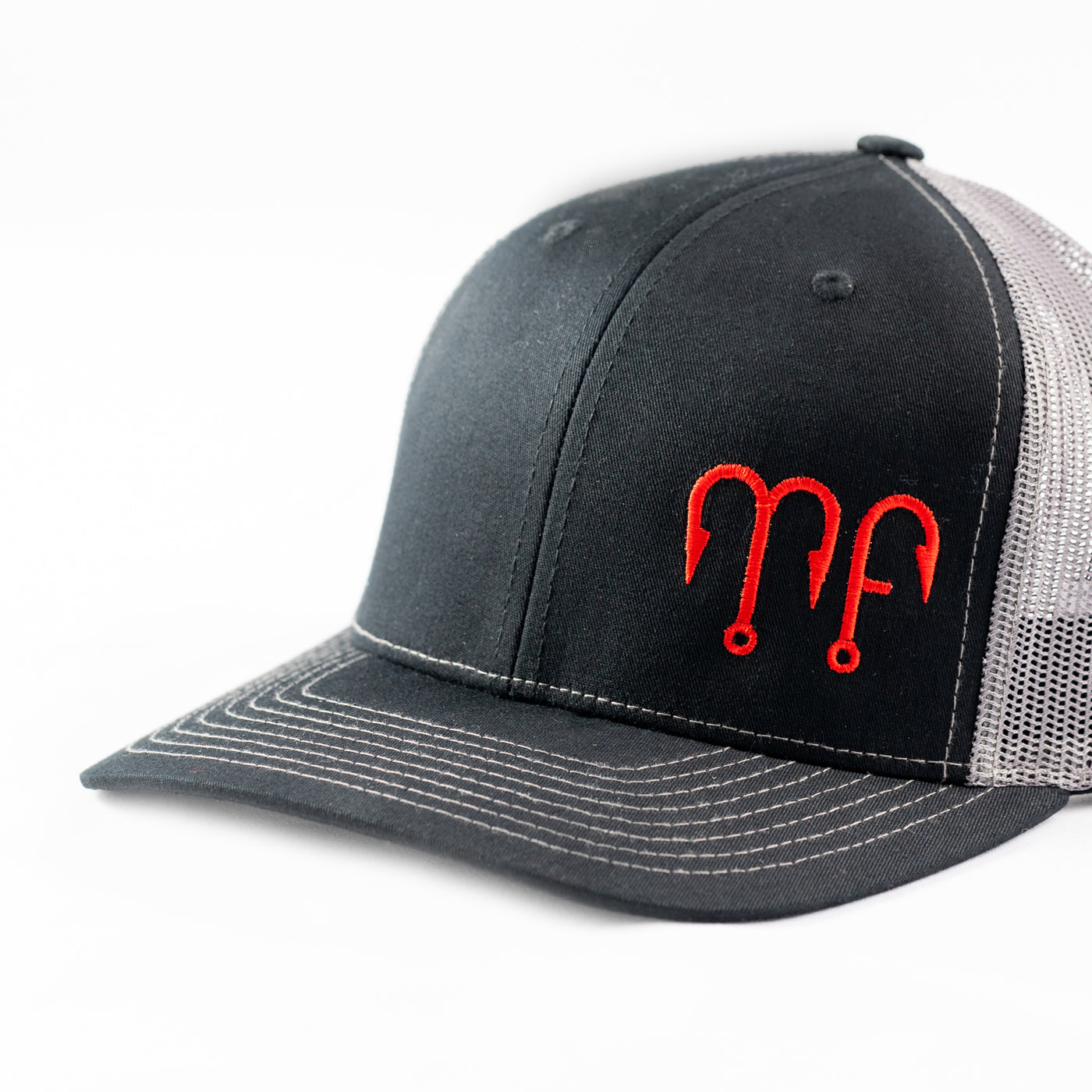 Black Front with Grey Mesh Richardson 112 Snapback Hat with a Red MF Motion Fishing Logo