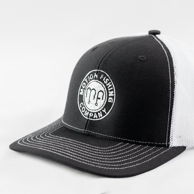 Black Front White Mesh Back Richardson 112 Snapback Hat with a white motion fishing logo
