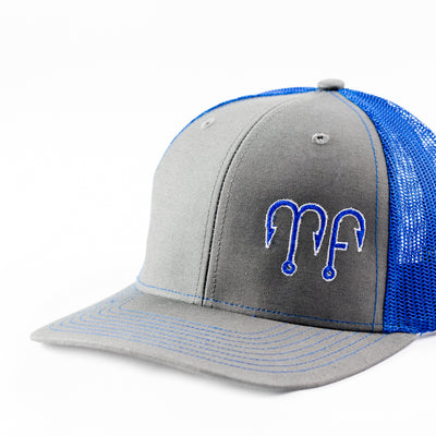 Grey Front Royal blue Mesh Richardson 112 Snapback Hat with a blue MF Motion Fishing Logo