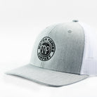 Grey front white mesh richardson 112 snapback hat with a black Motion Fishing logo